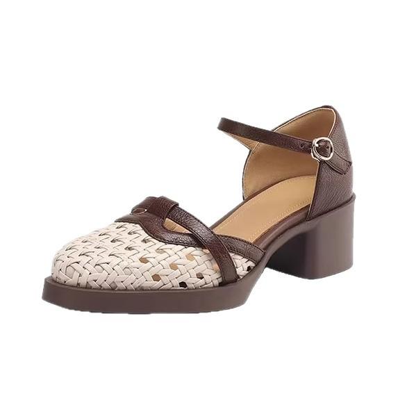 Soft leather not tired feet woven hollow high heel hollow bag head sandals women's summer 2025 new thick heel women's shoes