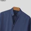 INCERUN Summer Men Stand V Neck Short Sleeve Splits Casual Long Shirts