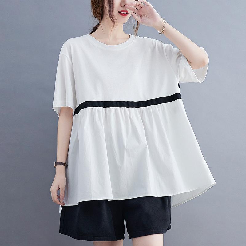 

Летняя свободная повседневная толстовка с круглым вырезом и коротким рукавом, сращивание, большие универсальные футболки для женщин one size белый
