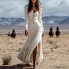 2026 New Women's Vintage Western Style Long Dress with Buttons, Ruched Long Sleeves, Sexy Dress