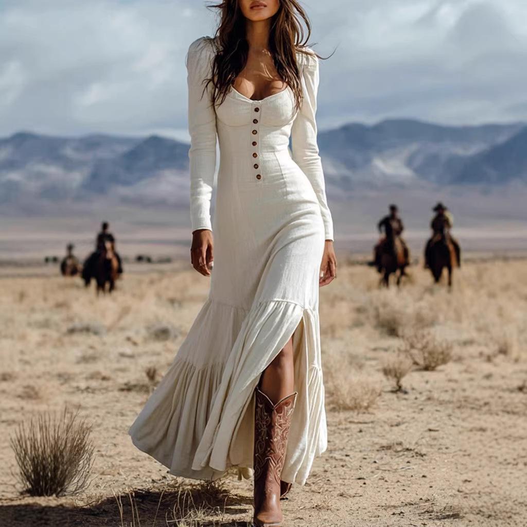 2026 New Women's Vintage Western Style Long Dress with Buttons, Ruched Long Sleeves, Sexy Dress