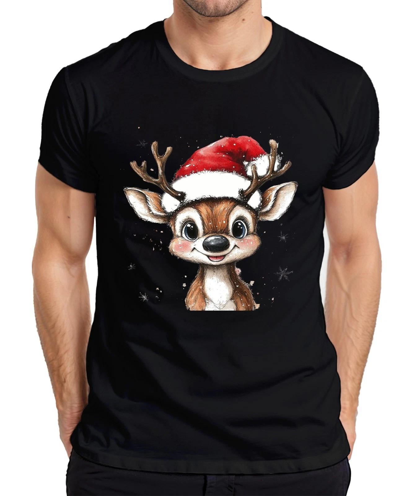 Weihnachtsrentier Niedlich Santa Hut Schneeflocken Aquarell süß Herren T-Shirt XS
