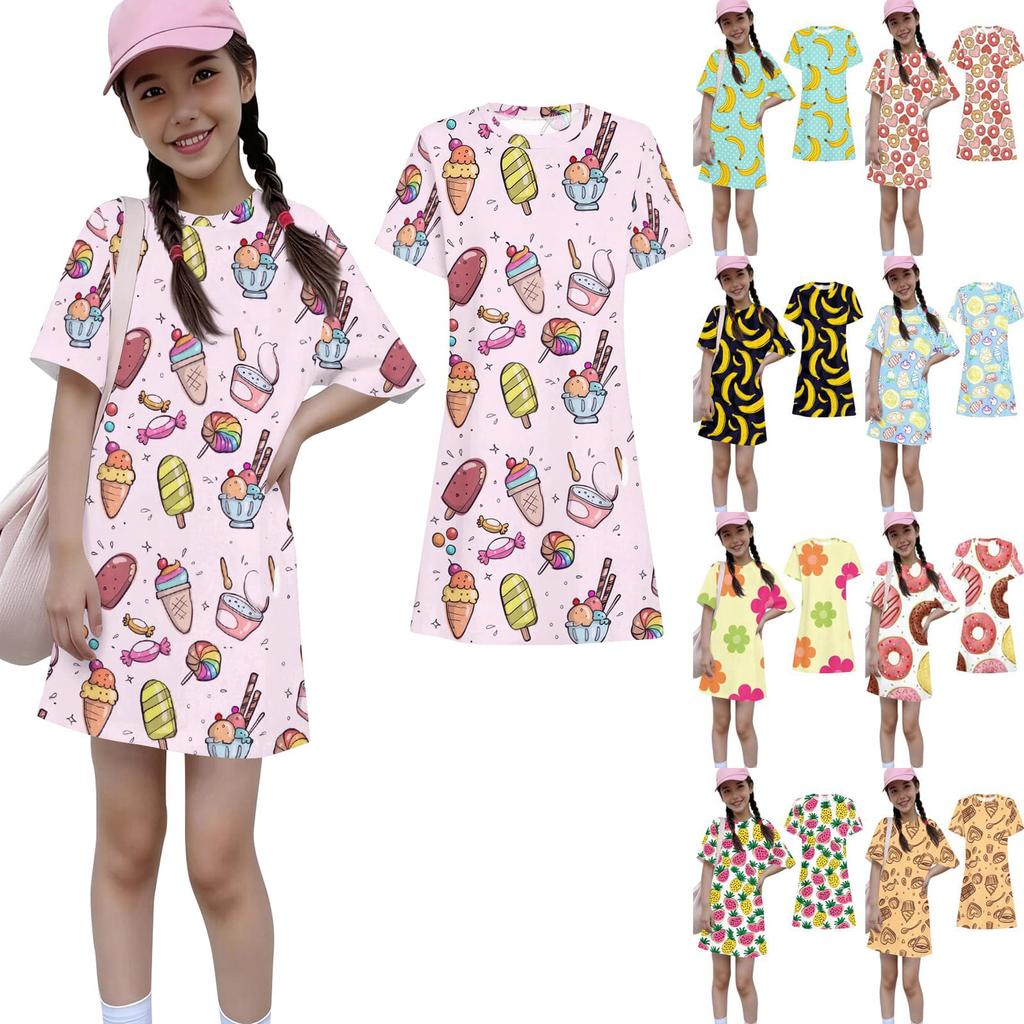 Girls Print Casual Dress Kids Loose Round Neck Short Sleeve Thin Sundress