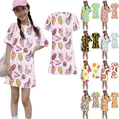 Girls Print Casual Dress Kids Loose Round Neck Short Sleeve Thin Sundress