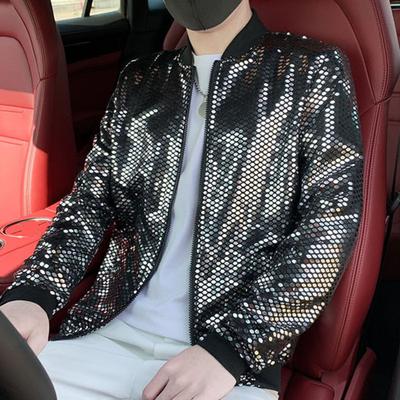 Casaco masculino estilo uniforme de beisebol da moda jaqueta de lantejoulas gola alta casaco fino para palco de clube streetwear