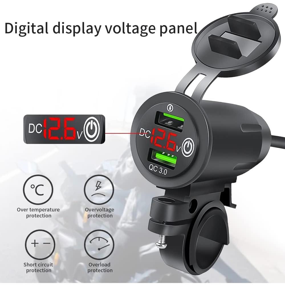 Presa USB per Moto, Caricabatterie per Auto 12V/24V con Doppia Presa USB QC3.0, Presa Caricabatterie per Auto con Voltmetro LED Adattatore per Moto Camper Auto Camion
