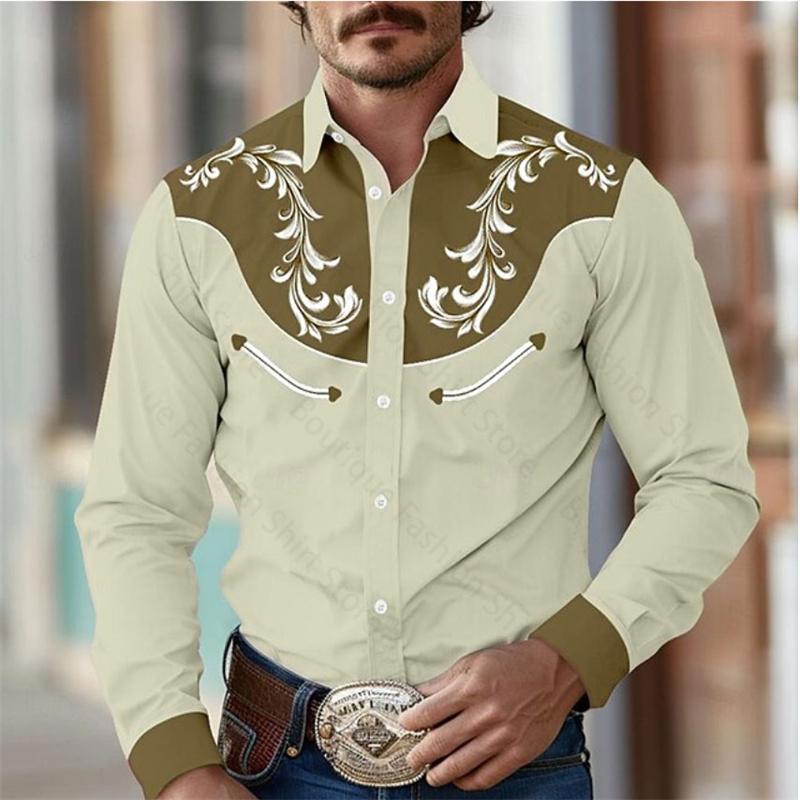 Chemise Florale Rétro Western pour Homme Extérieur Street Décontracté Quotidien Printemps et Été Revers Manches Longues S-5XL Chemise en Tissu Stretch