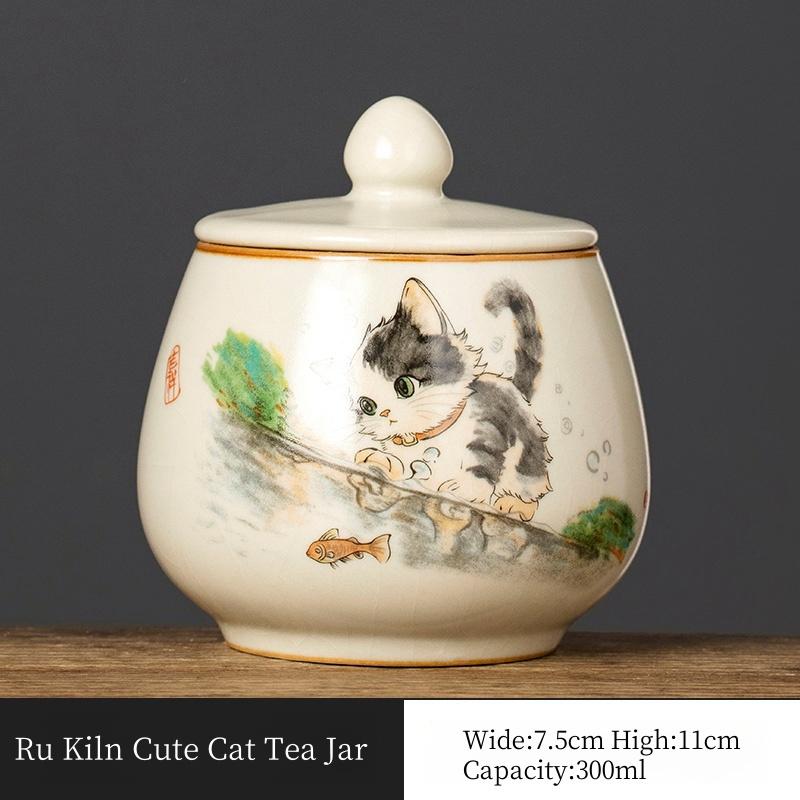 

Ru Kiln Cute Cat Tea Jar Household Moisture Proof High-end Sealed Jar Storage Jars Kung Fu Tea Set Tea Ceremony Accessories