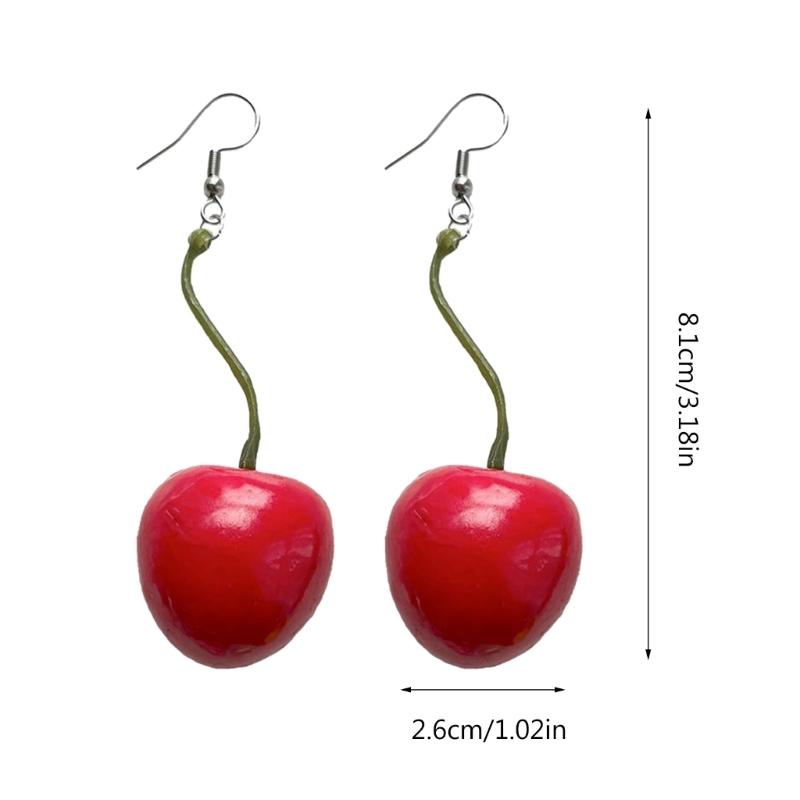 3D Red Cherry Fruit Drop Dangle Earrings Plastic Fruit Sweet Funny Ear Clips for Women Girls Tassels Aesthetic Jewelry