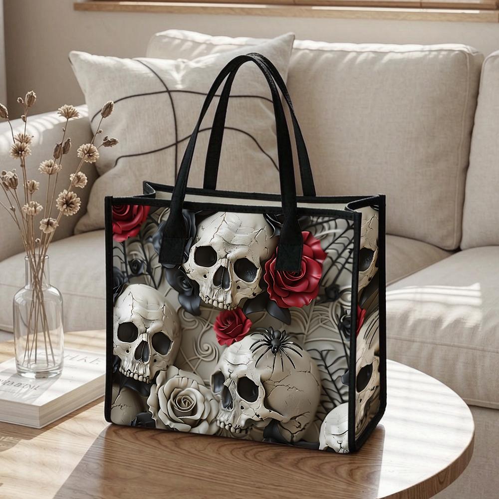 Gothic Skull Rose Pattern Tote Bag Fashion Casual Shopping Bag Cool Daily Handbag