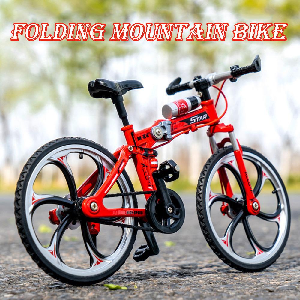 1:8 Flat Folding Mountain Bike Model Toys Alloy Diecast Bicycles Front Wheel Steering Rubber Tires for Boys Educational Toys