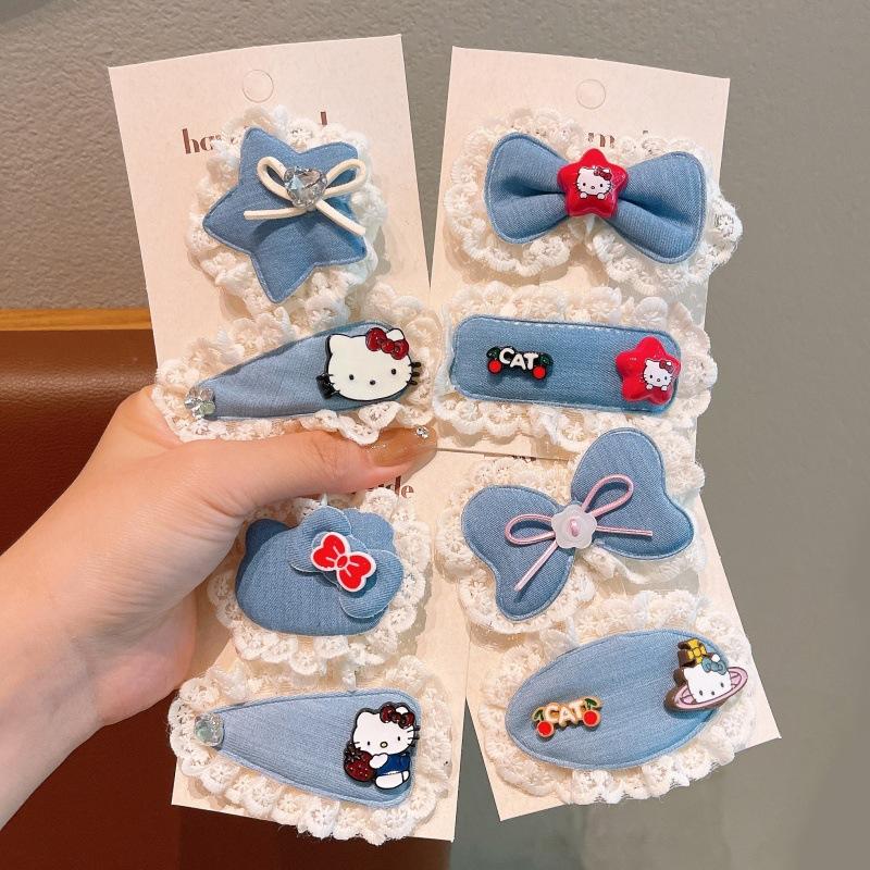 2Pcs Cartoon Sanrio Hello Kitty Hair Clip Cute Sweet Girls Headdress Set Denim Blue Bow Forehead Hairpin Kawaii Children Gifts