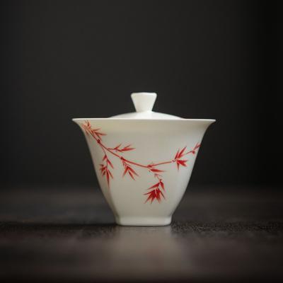 Jade Clay Hand-painted Gaiwan Antique Red Bamboo Ercai Tea Bowl White Porcelain Chinese Style Tea Making Bowl for Pu 'er Tea