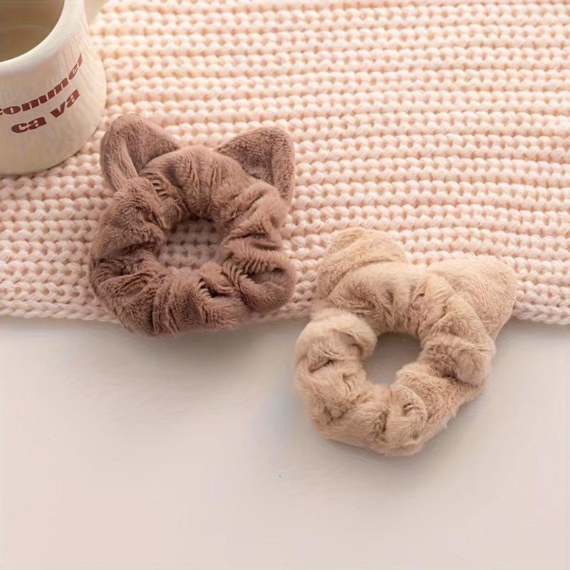 4 Pcs/Set Cute Plush Cat Ears Scrunchies Hair Ties Fluffy Ponytail Holder Hair Elastics Scrunchy Spiral Hair Ring Hair Accessory