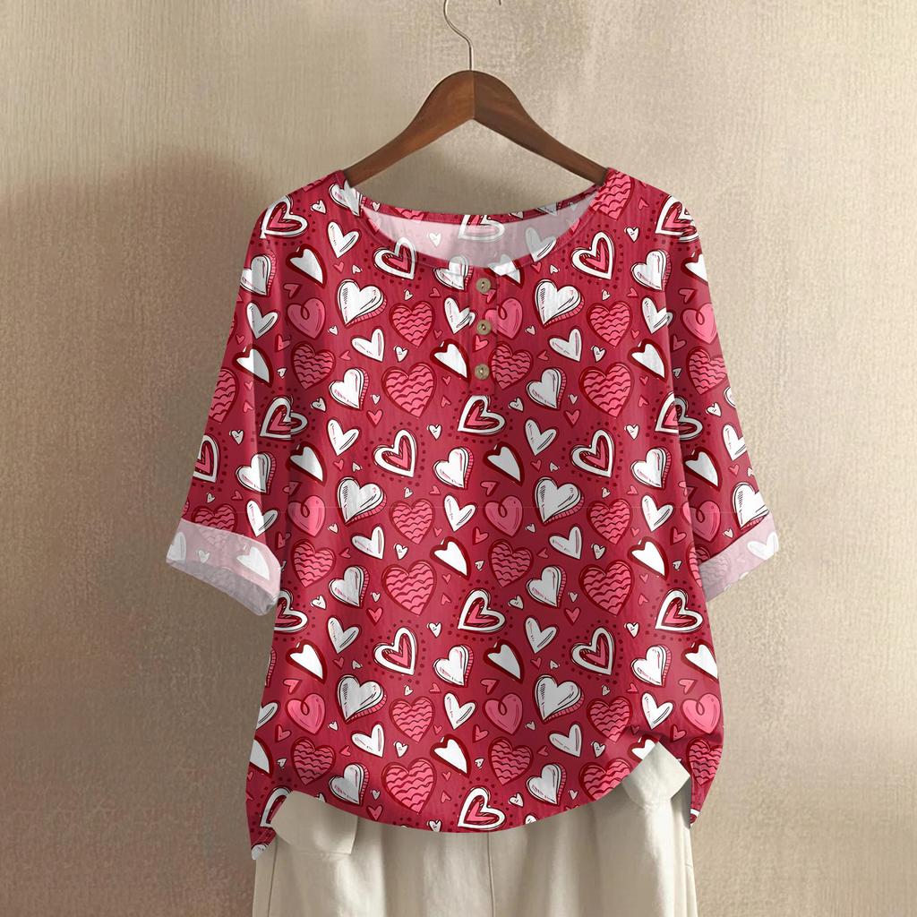 Damska casualowa bluzka z bawełny i lnu, z krótkim rękawem, okrągłym dekoltem i nadrukiem walentynkowym