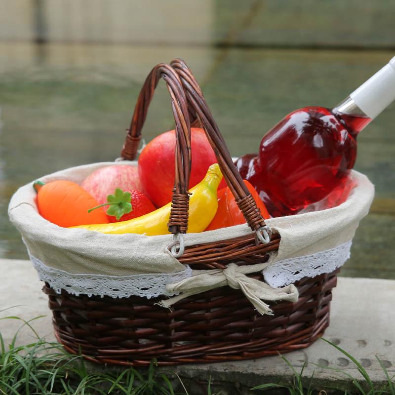 Woven Wicker Picnic Basket Handbag with Handle - Pastoral Style Fruit Storage E18