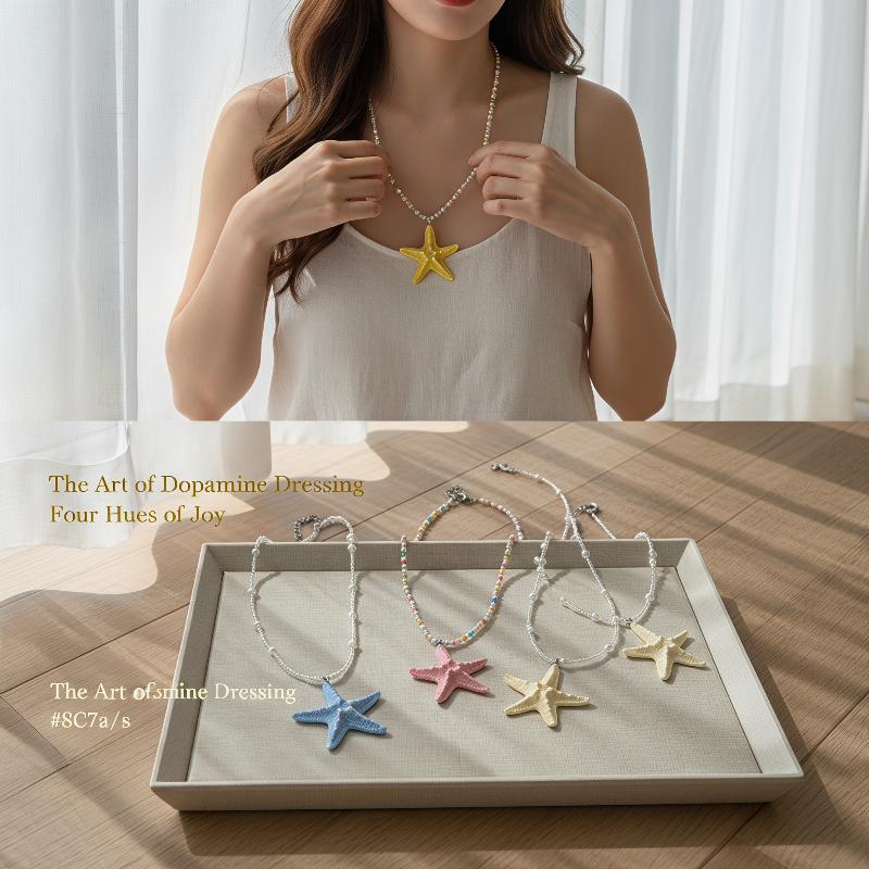 Trendy Bohemian Starfish Necklace Dopamine Beaded Cute Surfer Style Jewelry for Girls Daily Wear Beach Party