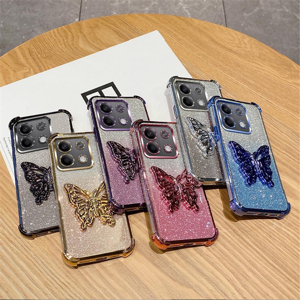 Shockproof Butterfly Stand Phone Case For Xiaomi Redmi Note 14 Pro Plus 14C 4G 5G 14T POCO X7 Pro Gradient Glitter Silicon Cover