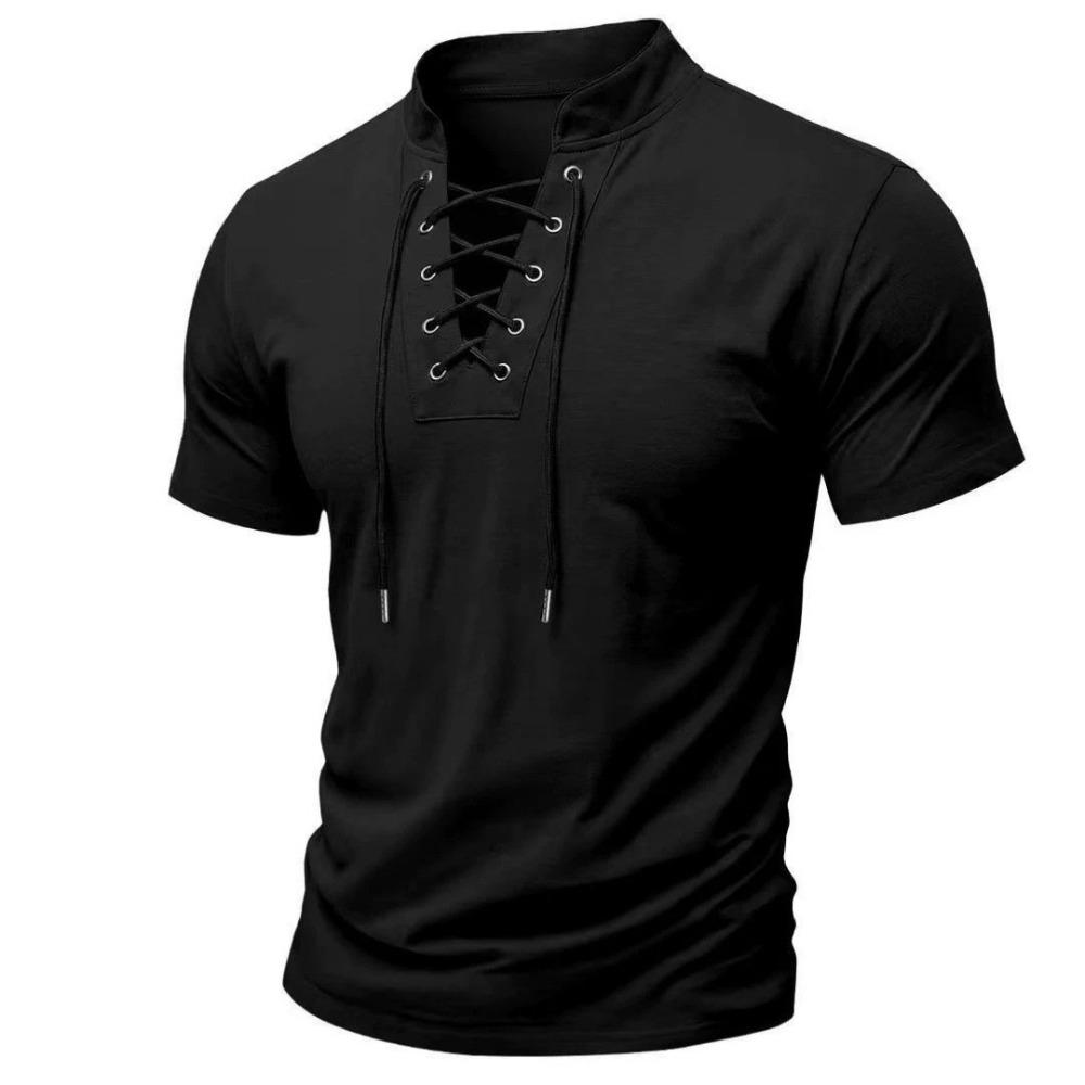 Men s Long Sleeve Lace Up Neck Casual Spring Summer Breathable Shirts Men Clothing S чёрный