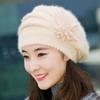 Fashionable Beret Hat With Plush Rabbit Furs Flower Decors Pullover Brimless Hat for Women Office Winter Head Accessory