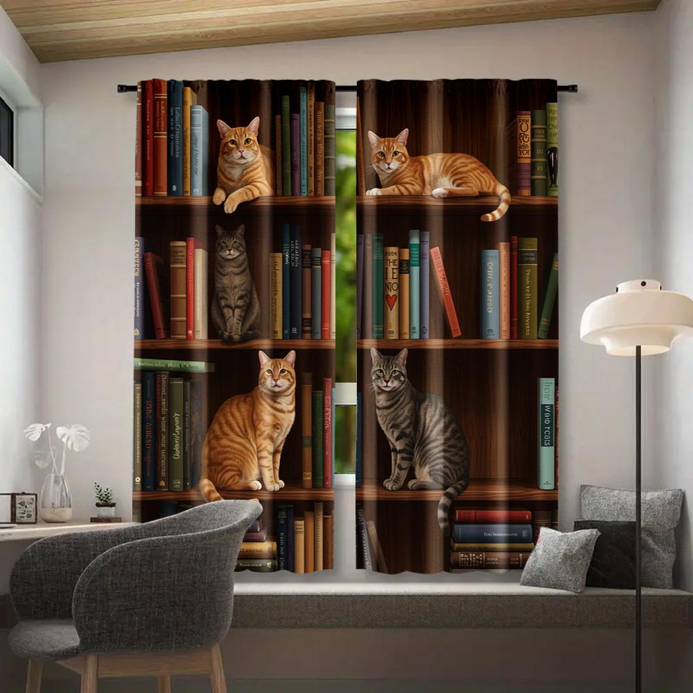 

2 шт., Вечеринка Занавес Два кота на книжной полке Блэкаут Полиэстер Вечеринка по случаю дня рождения Подходит для праздничных украшений декор спальни 29x65in(75x166cm)