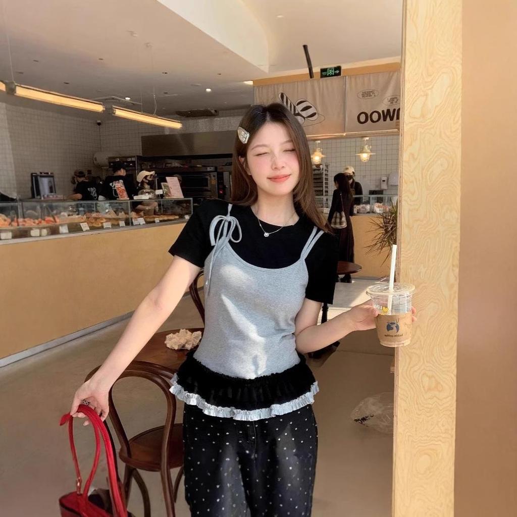 2025 Summer Lace Trim Color Block Sling T-shirt: Sweet & Spicy Girl Design