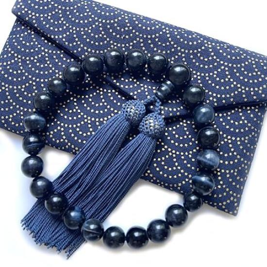 Blue Tiger Eye Prayer 22 with Silk Perfect for Informal Prayer Natural Power Memorial Buddhist Memorial Service Men's Beads, Beads, Tassel, Obon,