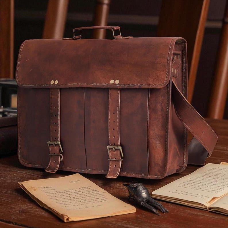 Handmade Goat Leather Messenger Bag – Vintage Laptop Briefcase for Men & Women | Canvas-Lined Satchel by Broken Artisan
