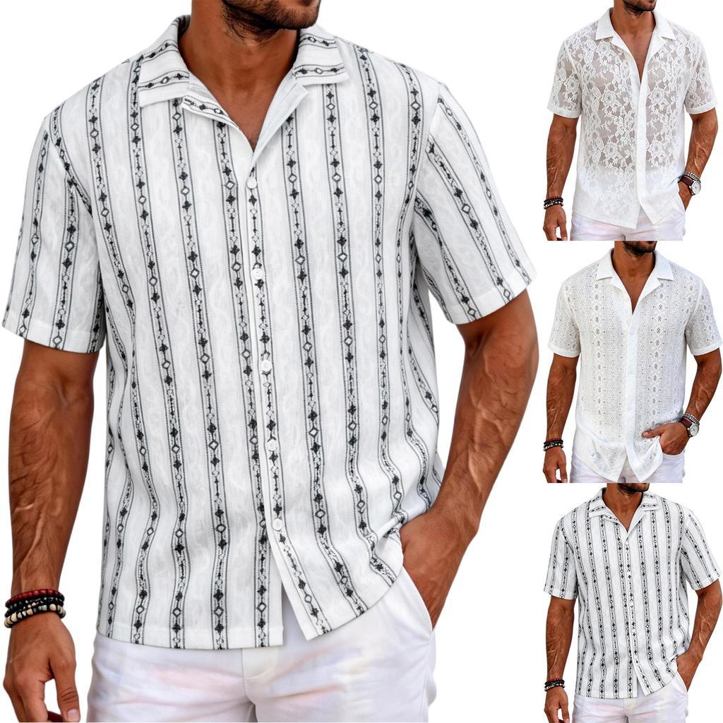 Men Knit Crochet Short Sleeve Button Down Casual Shirt with Lapel Collar Lightweight Breathable Summer Top