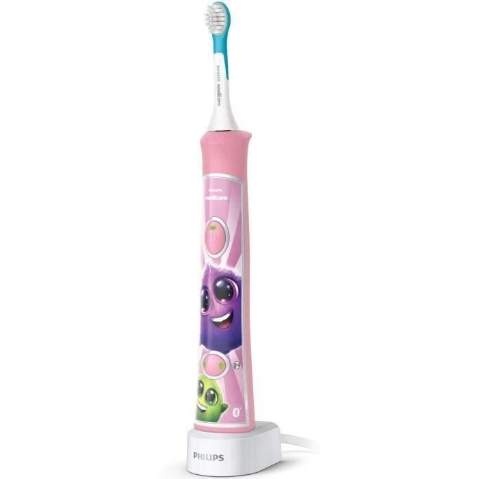 Brosse à dents électrique connectée PHILIPS SONICARE HX6352/42 pour enfant (2 modes 3+ et 7+ - Rose)+ 2 têtes de brosses