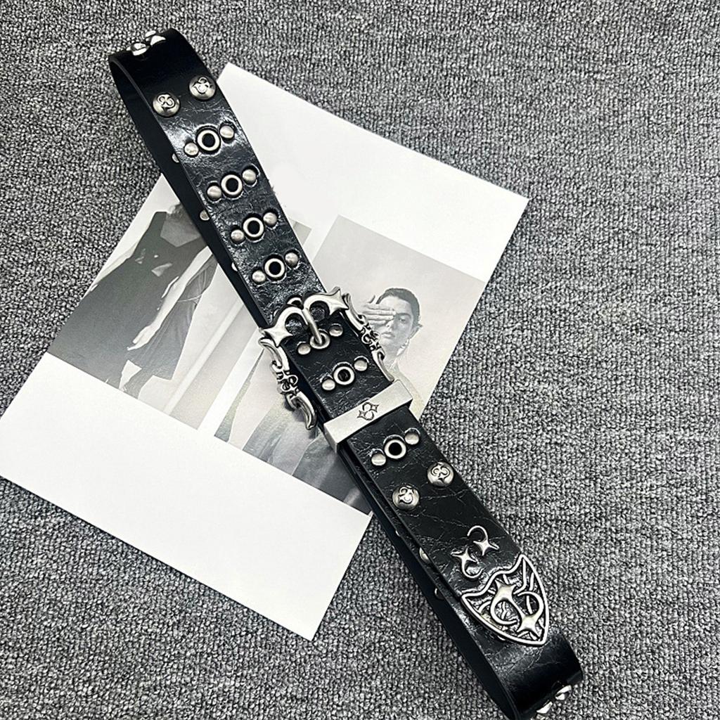 Punk Y2K Theme Waist Belt Adjustable PU Leather Wide Waistband With Rivet Studded Design For Jeans Pants Street Wear