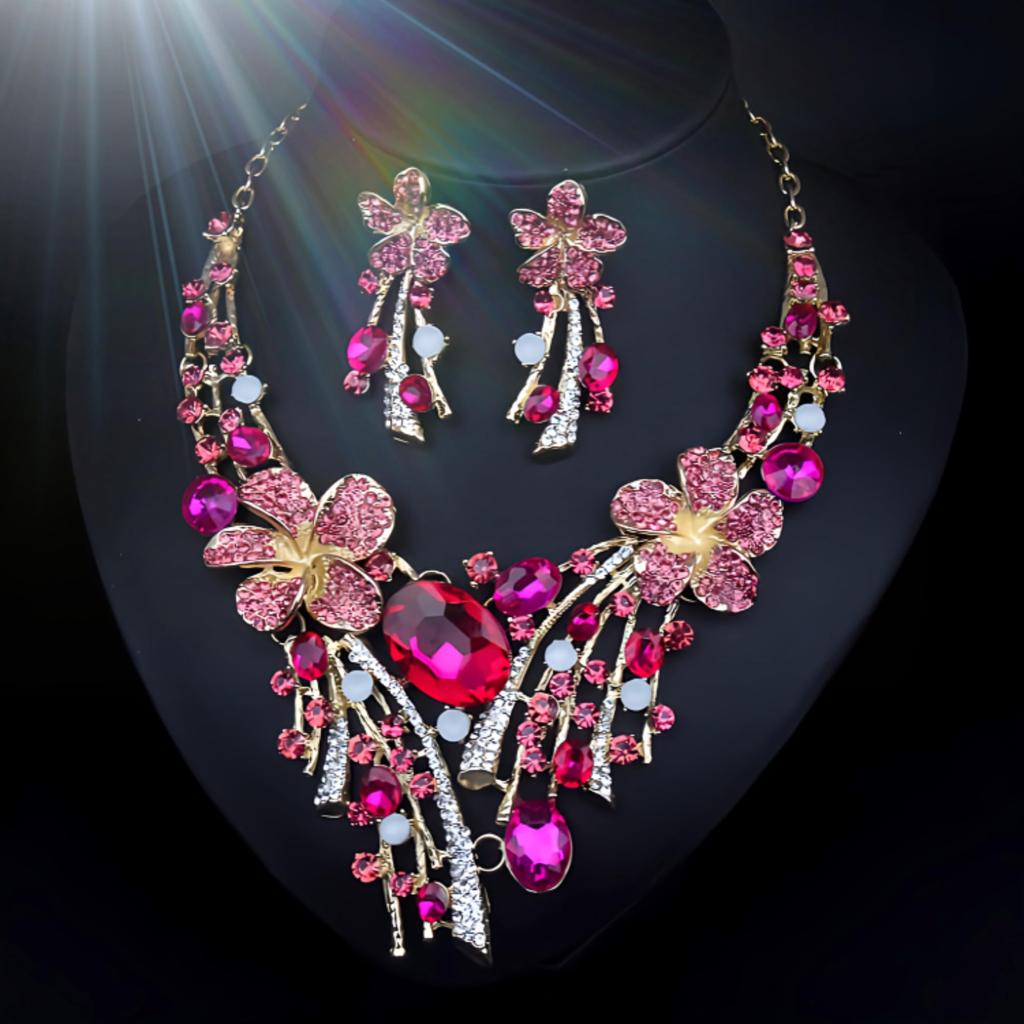 [KK Solis] Orchid Motif Earrings & Necklace Set with Marquise & Teardrop Crystals - Perfect for Concerts, Dance Performances, Recitals,