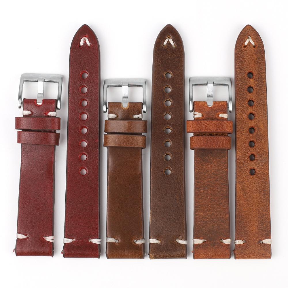 Vintage Genuine Leather Watch Band 19mm 20mm 22mm 24mm Brown Coffee Handmade Stitching Cowhide Strap Bracelet Watch Accessories