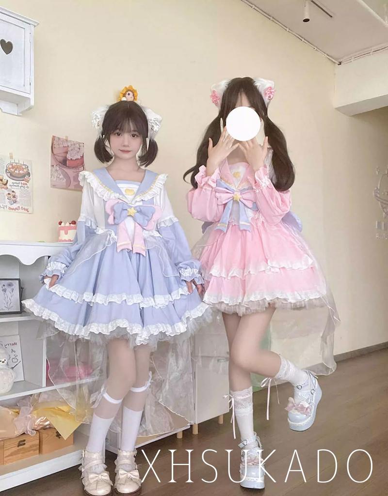 Lolita Dress Dress Spring Summer Autumn Dreamy Cute Ribbon Lolita Gothic Lolita Young Lady Star Pattern Sailor Collar Sweater Clothing Girly Cosplay