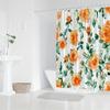 1pc Bright orange rose floral shower curtain with delicate petals and soft green leaves on white background - Polyester fabric