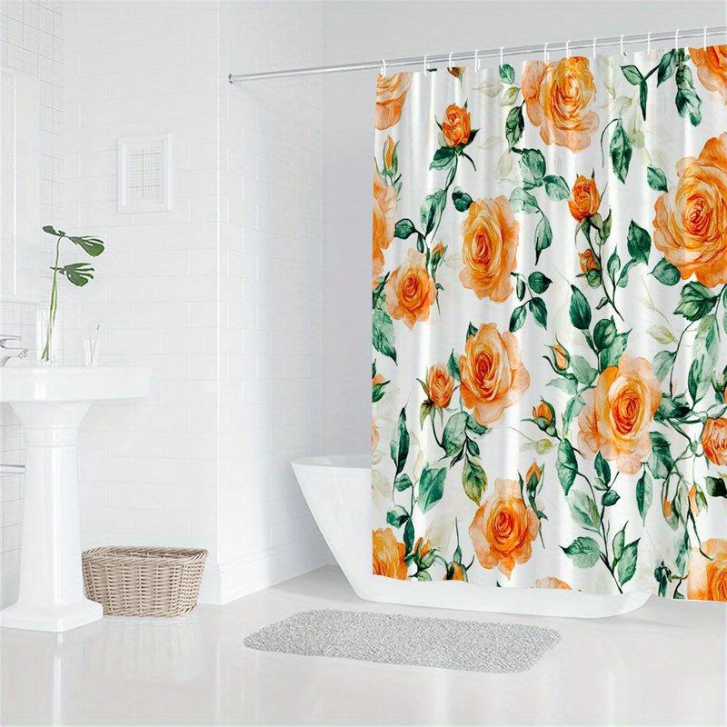 1pc Bright orange rose floral shower curtain with delicate petals and soft green leaves on white background - Polyester fabric