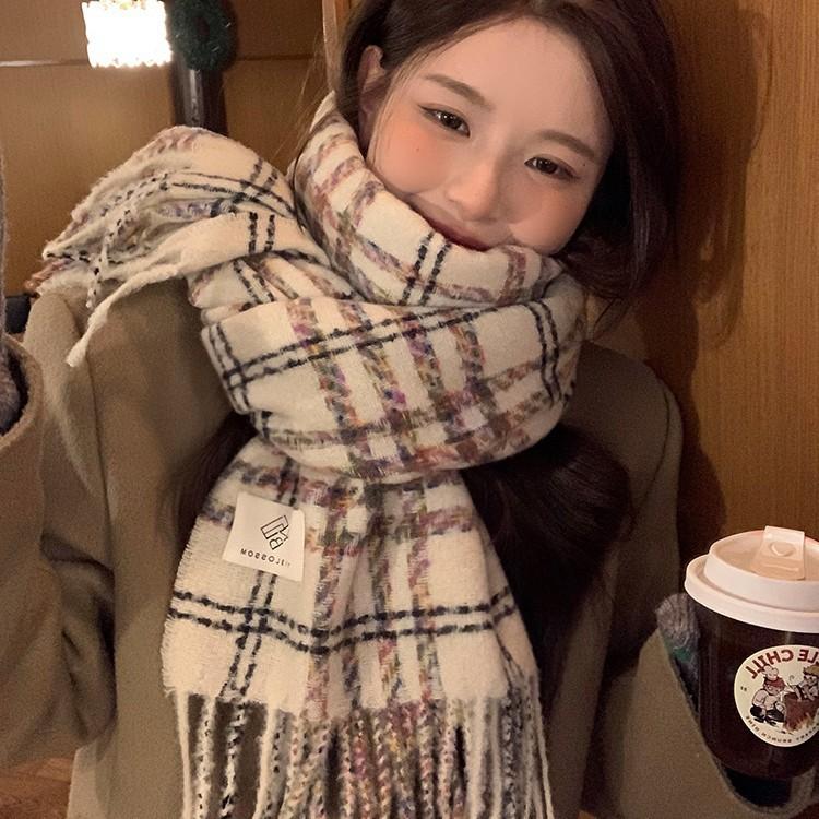 Imitation cashmere scarf women's winter high-end feeling new Korean version small fresh plaid thickened warm shawl scarf