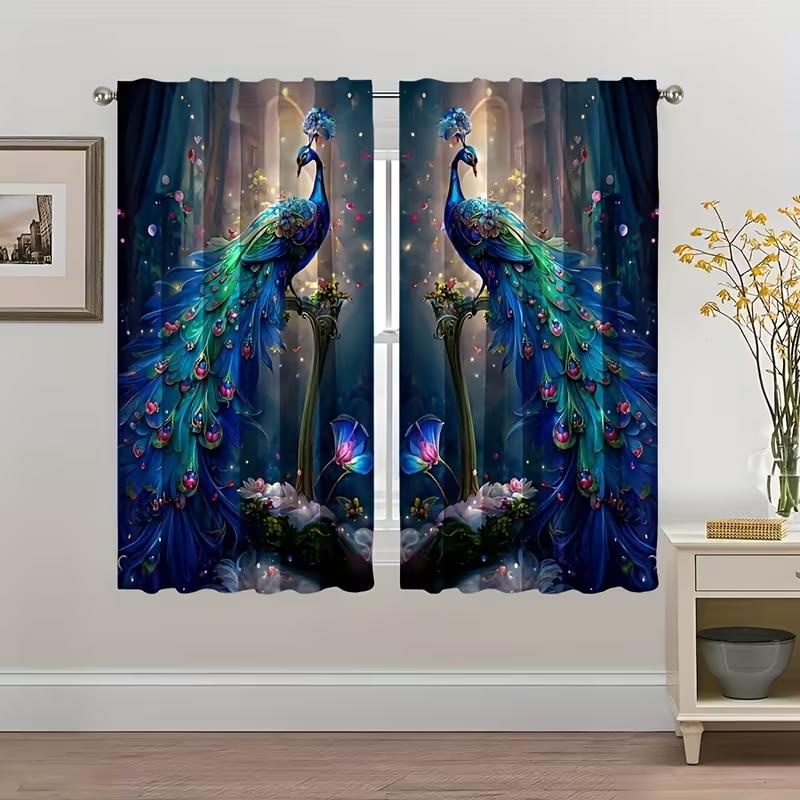 Peacock Patterned Curtains Blue Green Feathers Luxurious Style Living Room Bedroom Decoration Made Of Polyester With Pole Pocket Sitting Decor