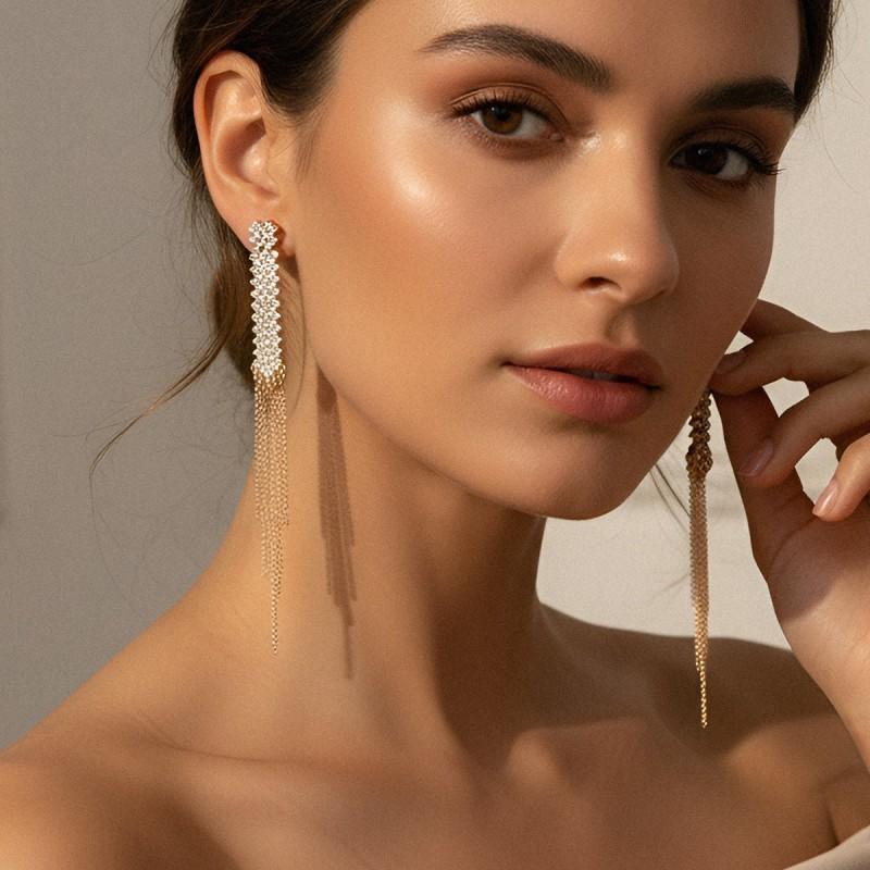 Elegant Long Tassel Earrings With Rhinestone Accents Gold Black Zinc Alloy Geometric Statement Jewelry Women Evening Party