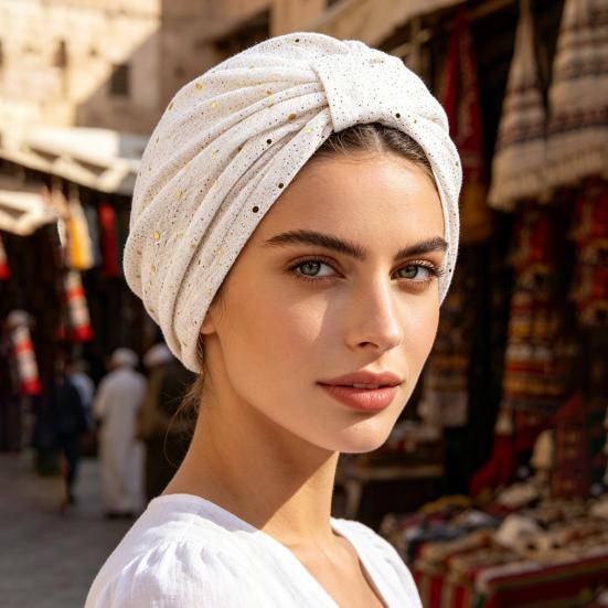Turban Hat for Women, Sequined Crepe Fabric Headwrap, Ethnic Style Knotted Front Headwrap for All Face Shapes