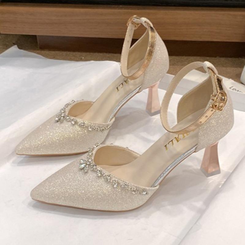 Модная вечеринка высокие каблуки хрустальные женские сандалии модный острый носок роскошная обувь 2025 лето туфли-лодочки с мелким вырезом на ремешке шлепанцы платье сандалии 34 шампанского 3790₽