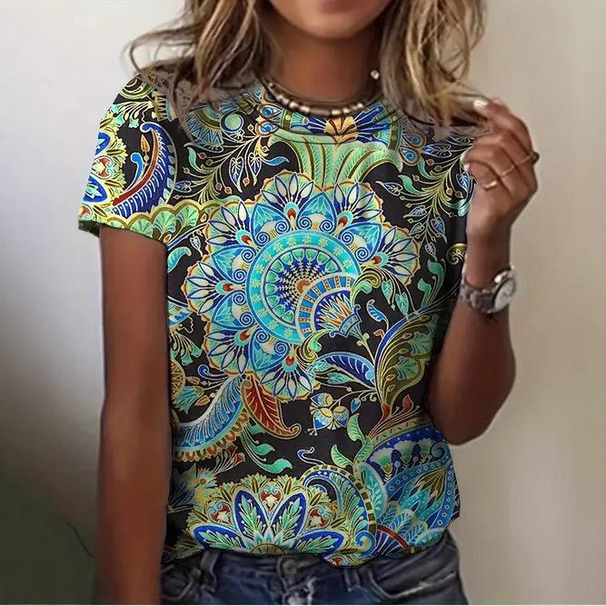 Women's Summer Casual Versatile Design 3D Printed Round Neck Short Sleeved T-shirt