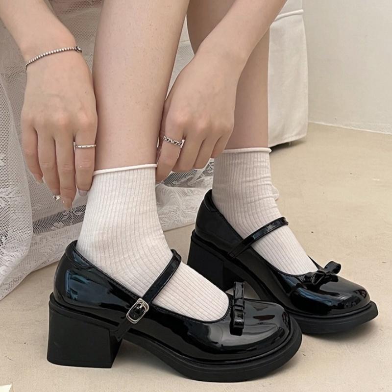 Fashion Mary Jane 2025 French High-heels New Bow Leather Shoes Round Toe British Style Women's Shoes Fashion Comfortable Buckle Pumps