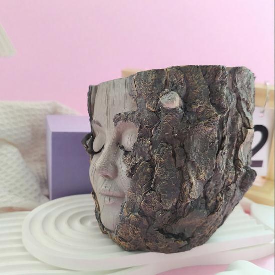 Handmade Girl Face Stump Planter 5" Resin Head Tree Stump Flower Vase with Drainage Hole for Outdoor Garden Patio Desk Decor