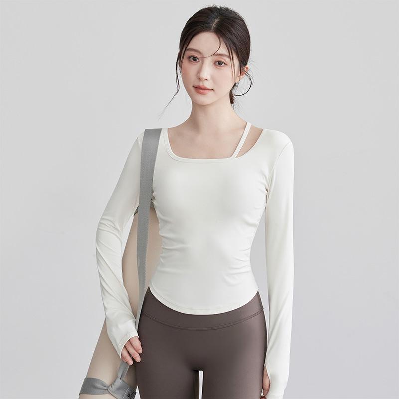 Women s Long Sleeve Yoga Top with Chest Pads, Waist-Cinching Slim Fit for Running & Training S [Recommended Weight 85-95 lbs]