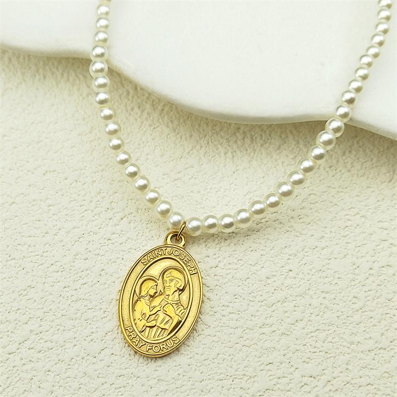 Saint Joseph Pray For Us Pendant Necklace For Women Girls Stainless Steel Pearl Gold Color Faith Amulet Catholic Chain Jewelry