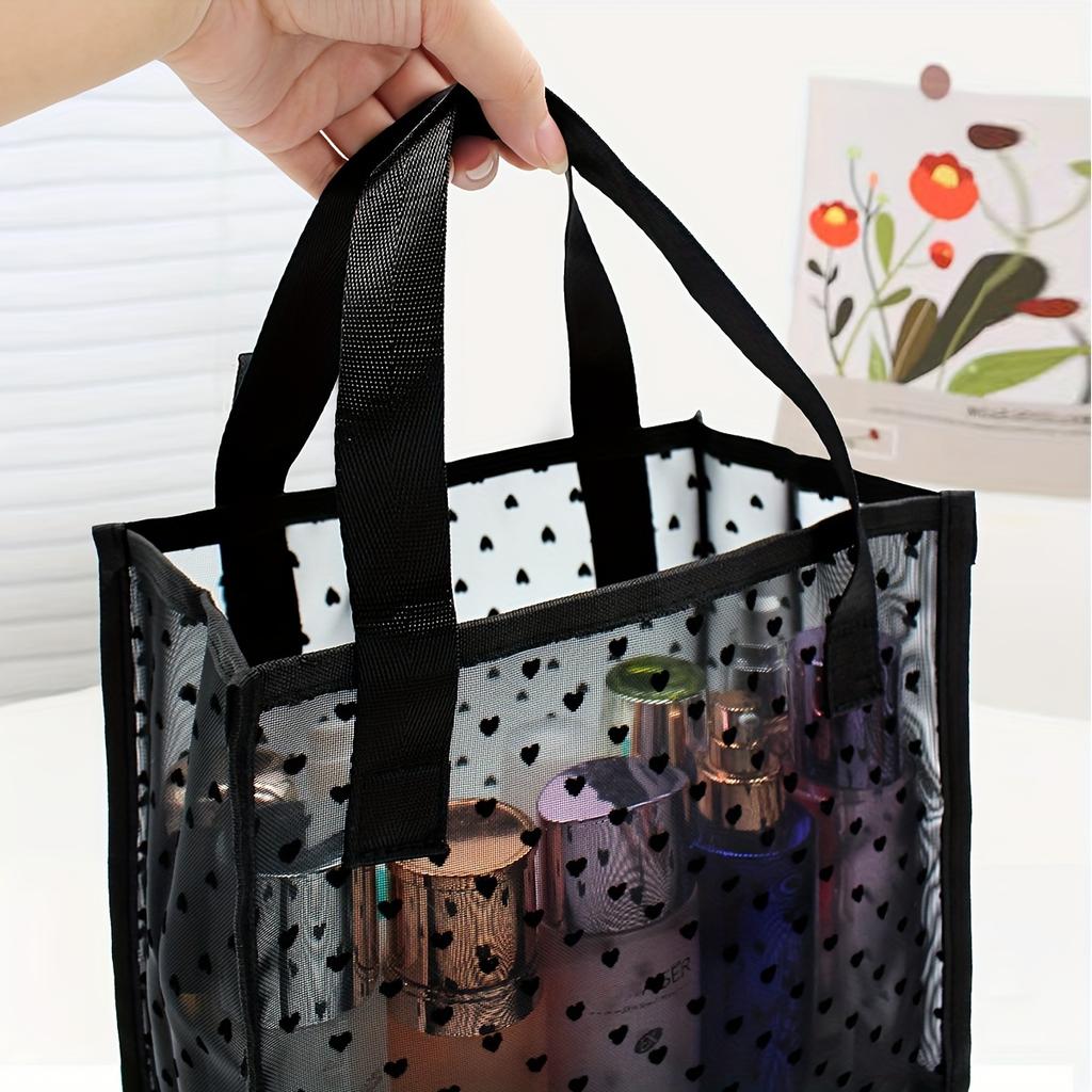 1pc Black Mesh Tote Bag with Heart Decor, Minimalist Cosmetic Storage Handbag for Women, Durable & Lightweight Design, Sturdy White Dots Pattern