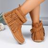 Women's Solid Color Stylish Boots, Tassel Studded Buckle Belt Plush Lined Winter Boots, Comfort Round Toe Snow Boots fall