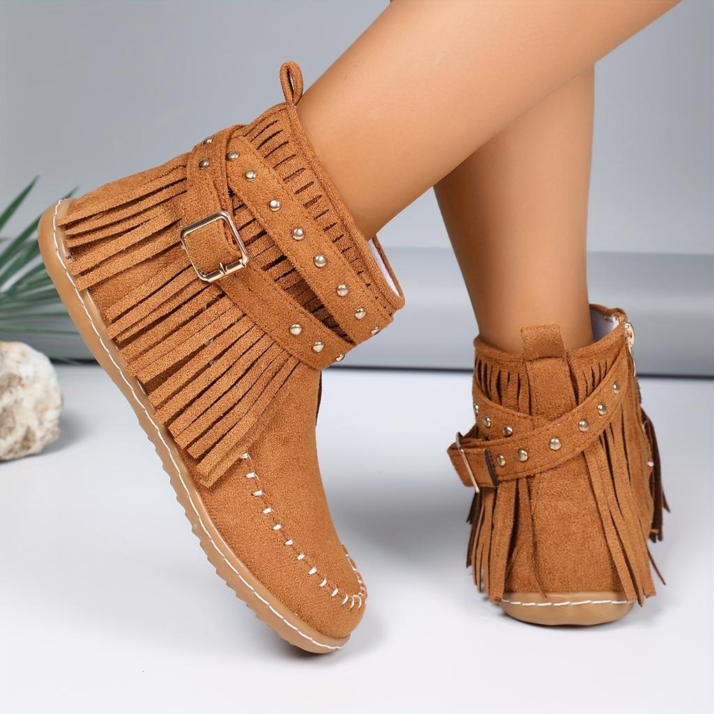 Bottes élégantes pour femmes de couleur unie, bottes d'hiver doublées en peluche avec ceinture à boucle cloutée à pompons, bottes de neige confortables à bout rond automne