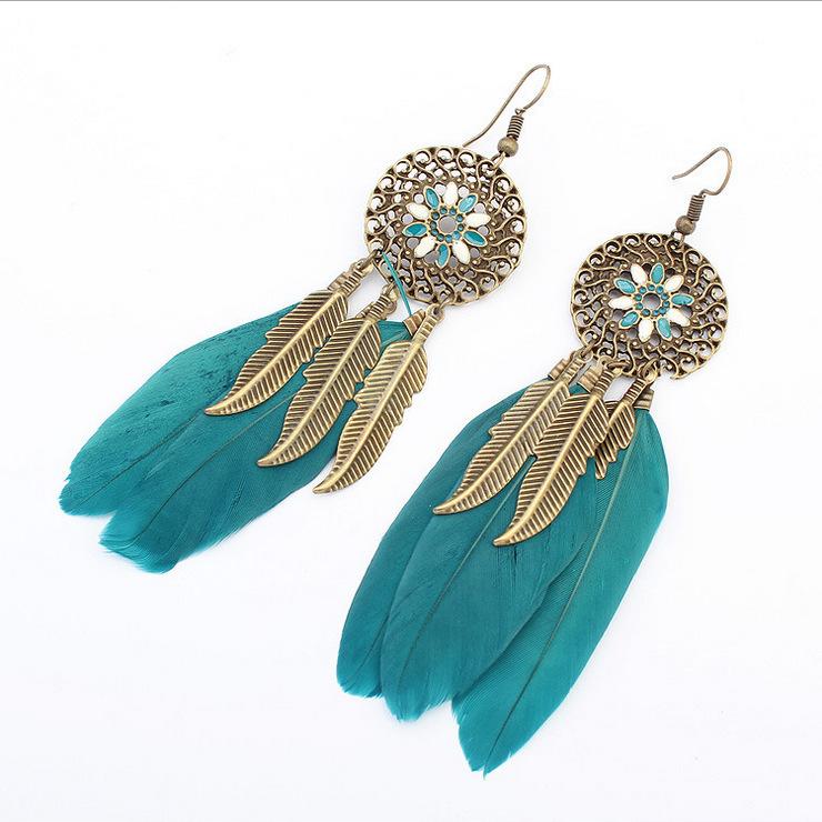Wind Bohemian Painted Glazed Feather Fringed Earrings Fashion Temperament Women's Earrings Long Necklace Accessories